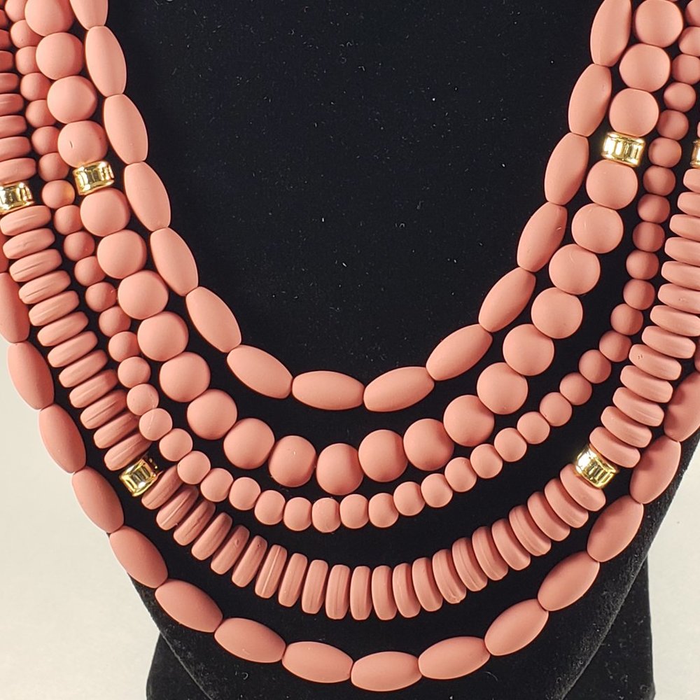 Matte Coral Multi-Strand Necklace & Earrings Set – Gold Beaded Layered Statement - Picture 9 of 13